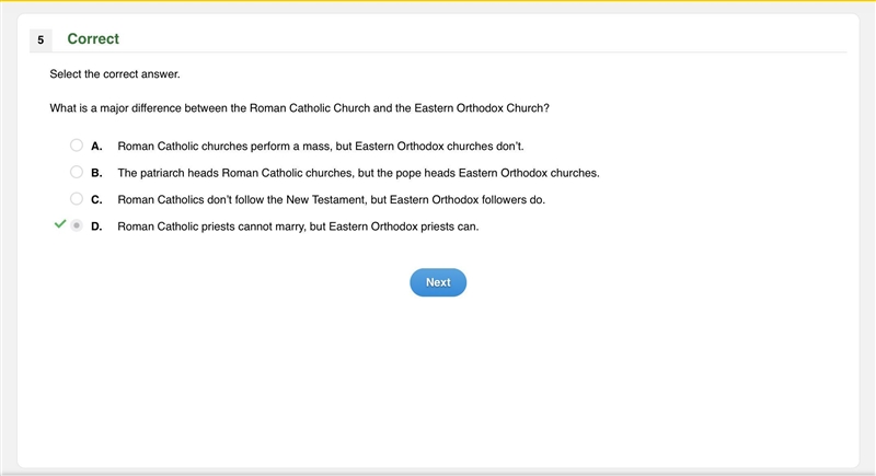 What is a major difference between the Roman Catholic Church and the Eastern Orthodox-example-1