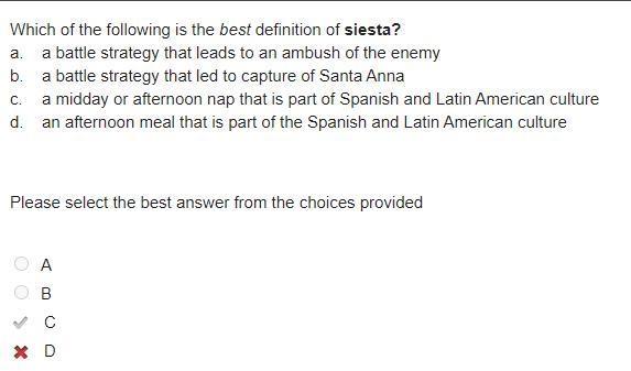 Which of the following is the best definition of siesta? a. a battle strategy that-example-1