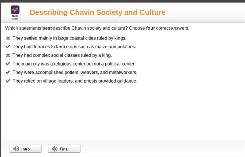 Which statements best describe Chavin society and culture? Choose four correct answers-example-1