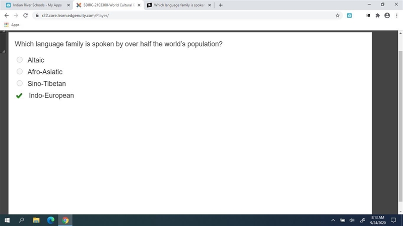 Which language family is spoken by over half the world’s population? a.Altaic b.Afro-example-1