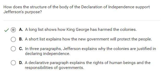 How does the structure of the body of the Declaration of Independence support Jefferson-example-1