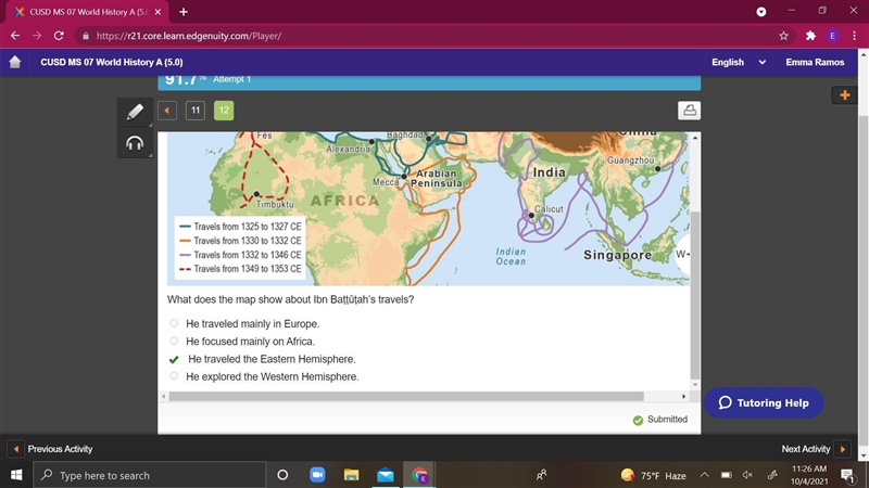 What does the map show about Ibn Battutah's travels? He traveled mainly in Europe-example-1