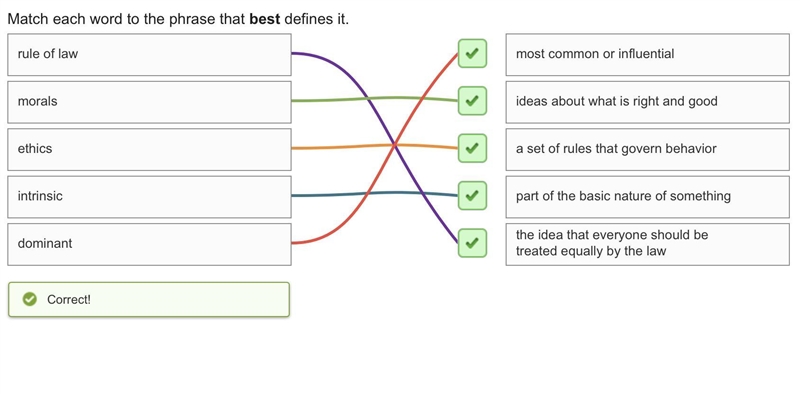 Match each word to the phrase that best defines it. dominant ideas about what is right-example-1