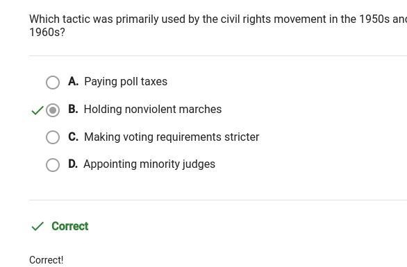 Which tactic was primarily used by the civil rights movement in the 1950s and 1960s-example-1