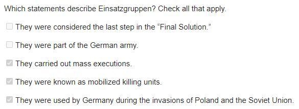 Which statements describe Einsatzgruppen? Check all that apply. They were considered-example-1