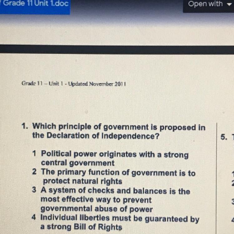 1. Which principle of government is proposed in the Declaration of Independence? 1 Political-example-1