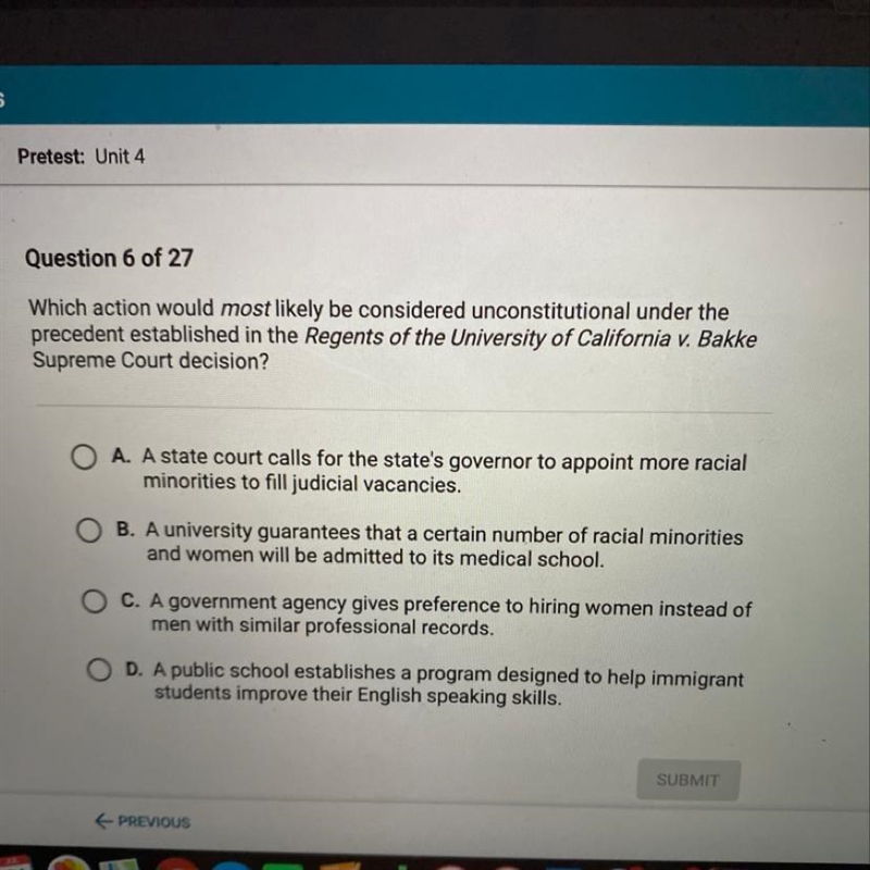 Which action would most likely be considered unconstitutional under the precedent-example-1