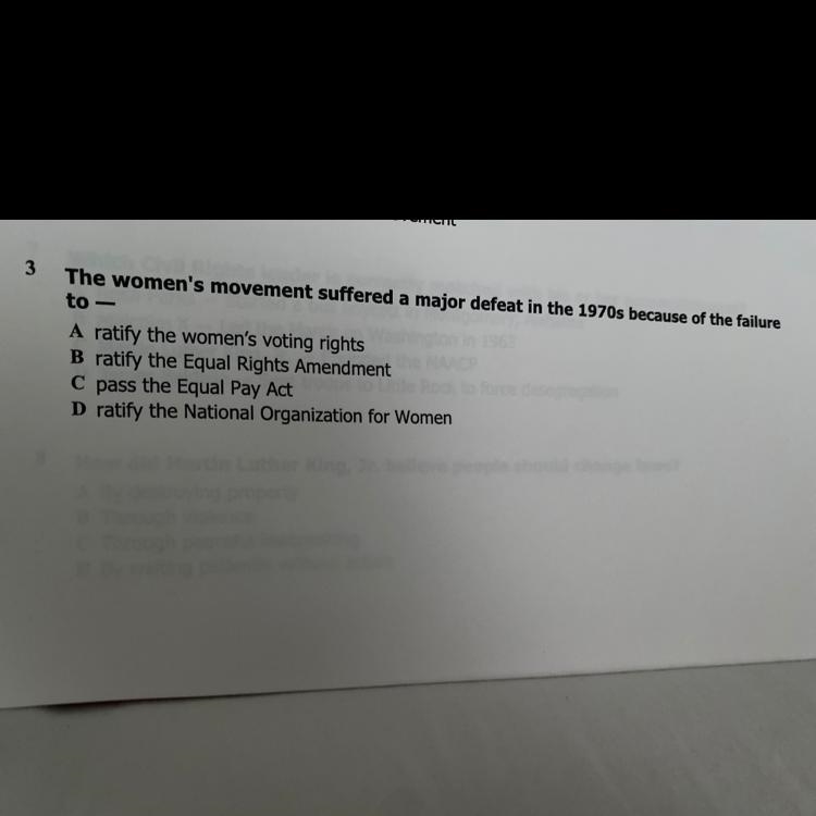 The women’s movement suffered a major defeat in 1970s because of the failure to _____.-example-1