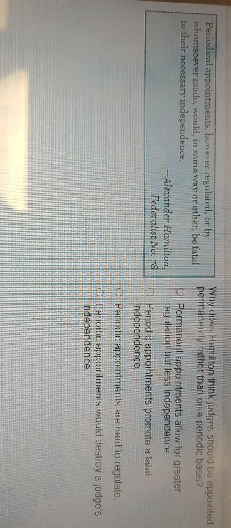 Why does Hamilton think judges should be appointe permanently rather than on a periodic-example-1