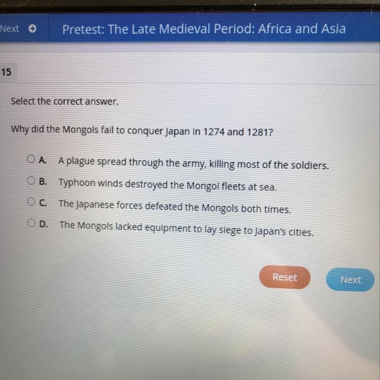 Select the correct answer. Why did the Mongols fail to conquer Japan in 1274 and 1281? O-example-1