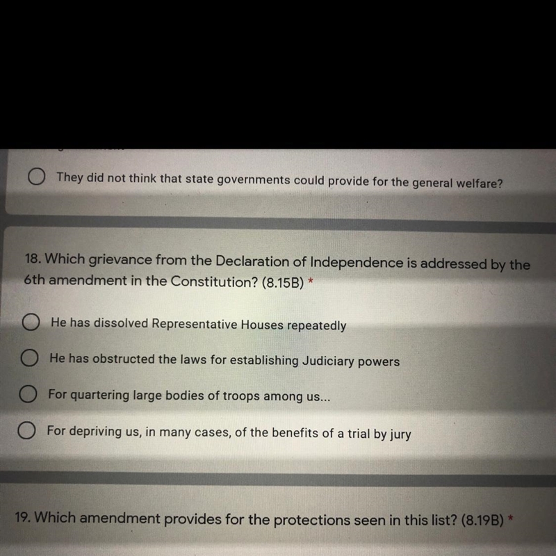 Which grievances from the Declaration of Independence is addressed by the sixth amendment-example-1