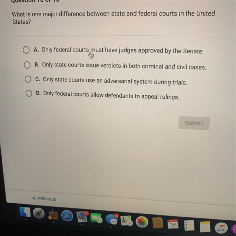 What is one major difference between state and federal courts in the United States-example-1