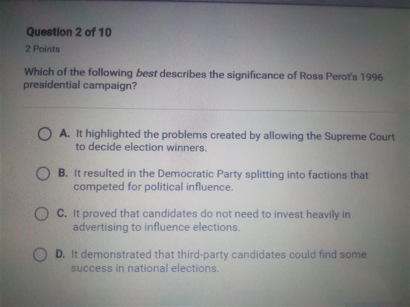 Which of the following best describes the significance of ross perot's 1996 presidental-example-1