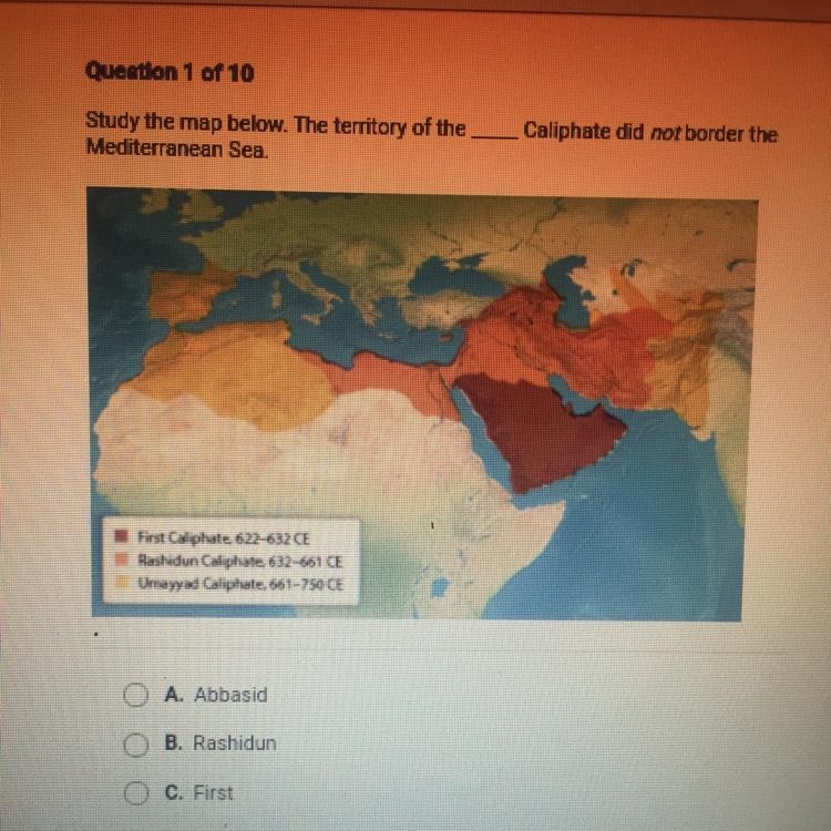 Study the map below. The territory of the Mediterranean Sea. Caliphate did not border-example-1