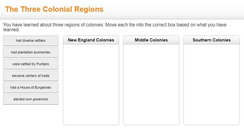 you have learned about three religions of colonies. move each tile into the correct-example-1