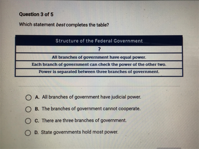 Which statement best completes the table A. All branches of government have judicial-example-1