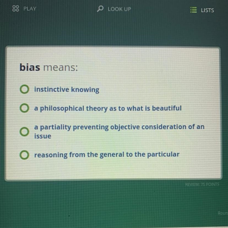 Bias means: instinctive knowing a philosophical theory as to what is beautiful. a-example-1