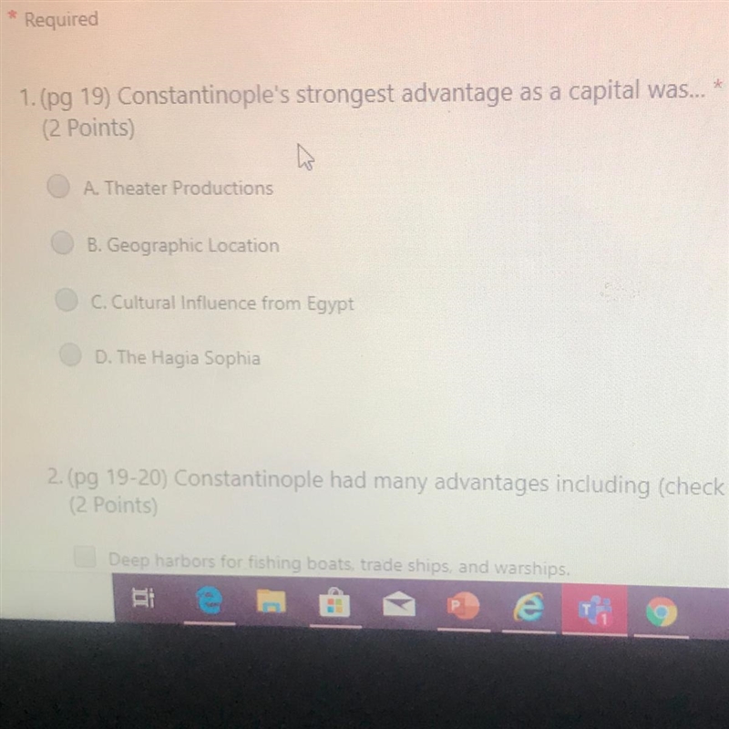 1. Constantinople's strongest advantage as a capital was... (2 Points) A Theater Productions-example-1