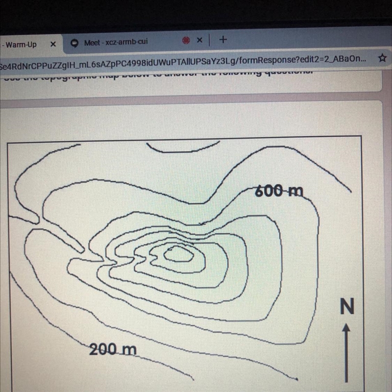 WHAT IS THE ELEVATION FOR THE PEAK ON THE MAP ? AND WHERE WOULD A STREAM MOST LIKEY-example-1