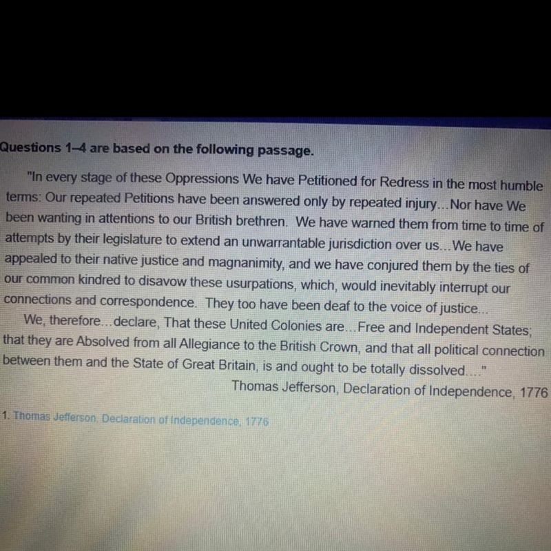 Which of the following factors most directly contradicted Jefferson's beliefs expressed-example-1