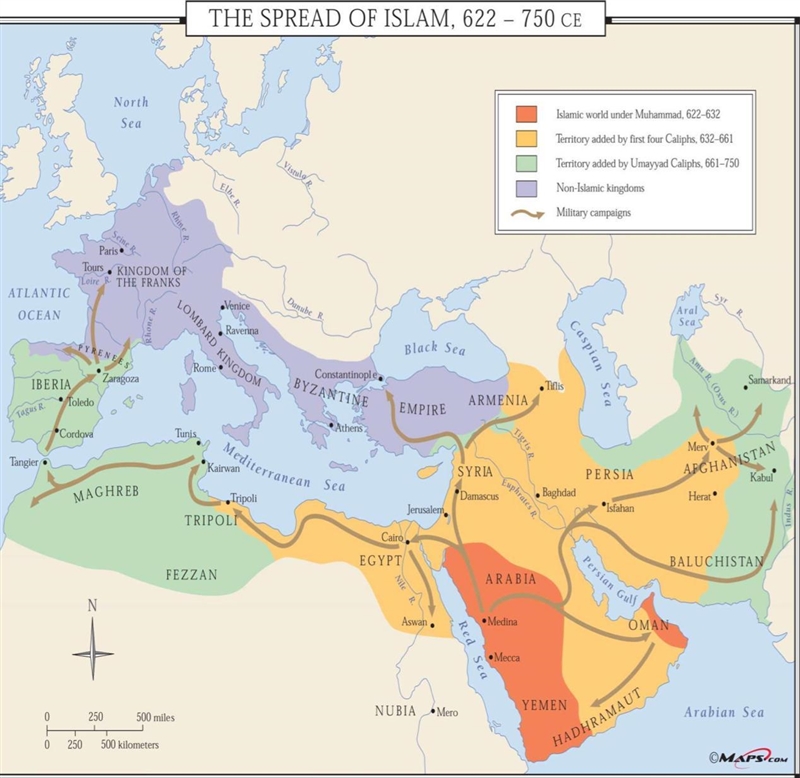 Where Islam started? Areas Islam spread to? Areas where Islam did not spread?-example-2