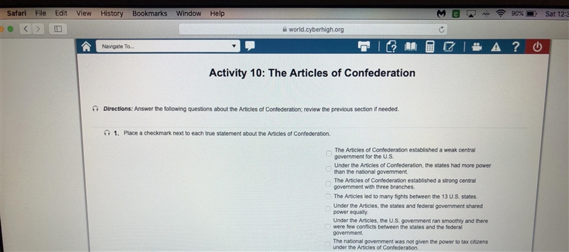 Which statements are true about the articles of confederation. PLEASE HELP-example-1