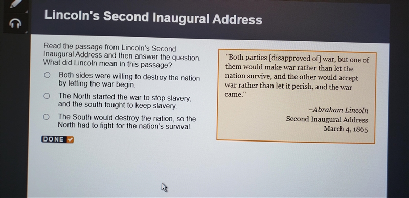 Read the passage from Lincoln's 2nd inaugural address and then answered the question-example-1