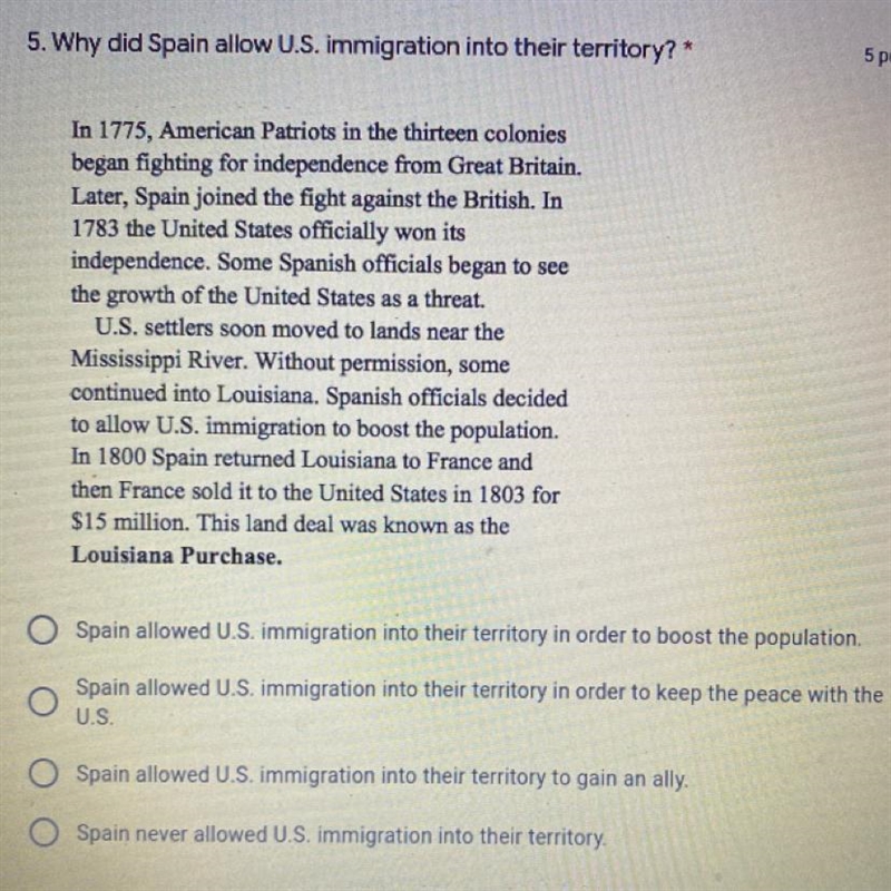 Why did Spain allow U.S. immigration into their territory? Helppppp-example-1