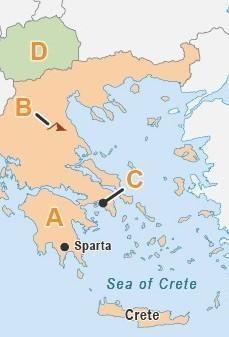 The map shows ancient Greece. A map titled Greece. The map has labels A through D-example-1