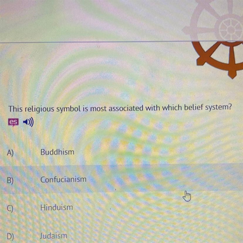 Religious symbol is most associated with which belief system? A) Buddhism B) Confucianism-example-1