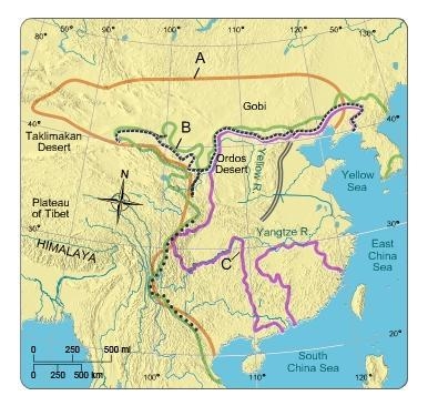 Which labeled line marks the boundary of the Qin empire? A B C-example-1