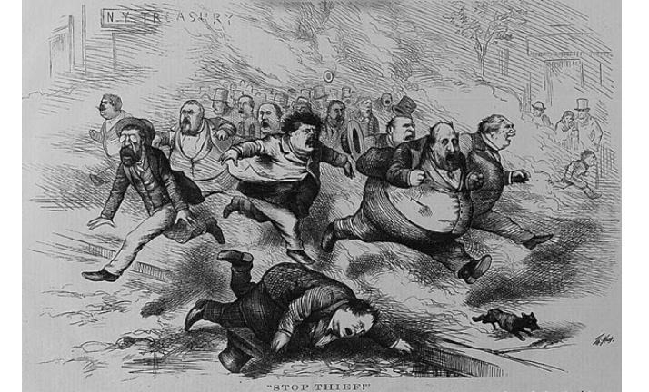 Based on this Thomas Nast cartoon of Boss Tweed and his henchmen running away from-example-1