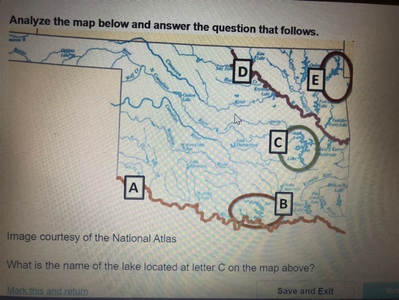 PLS HELP ITS WORTH 15 POINTS OMG What is the name of the lake located at letter C-example-1