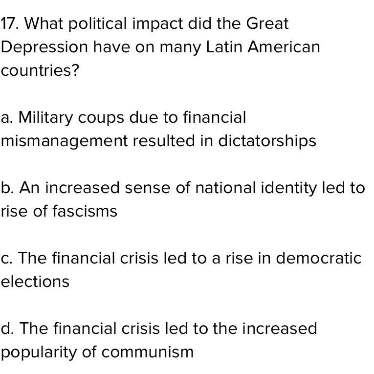 What political impact did the Great Depression have on many Latin American countries-example-1