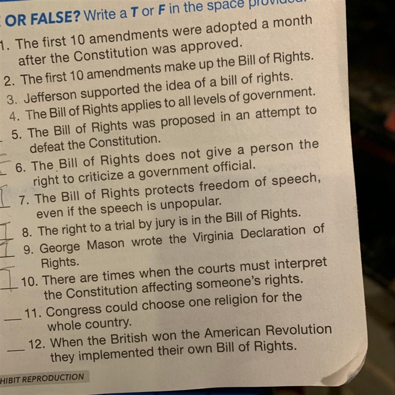 True or False Need help with number 12 When the British won the American Revolution-example-1