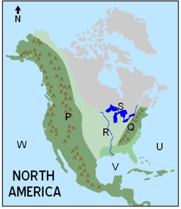 What mountain range is labeled with the letter Q? A) Rocky Mountains B) Appalachian-example-1