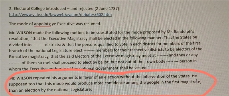 I'm trying to interpret if Mr. Wilson is for or against the electoral college so does-example-1