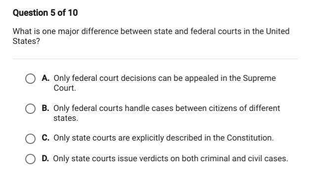 What is one major difference between state and federal courts in the United States-example-1