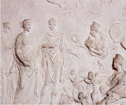 The image shows Roman art. A wall with a lifelike mural showing Roman men and women-example-1