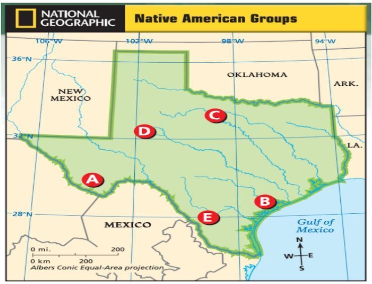 Which Native American group lived near the location of letter B? A. Karankawas B. Caddos-example-1