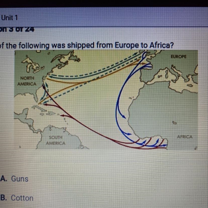 Which of the following was shipped from Europe to Africa? EUROPE NORTH AMERICA AFRICA-example-1