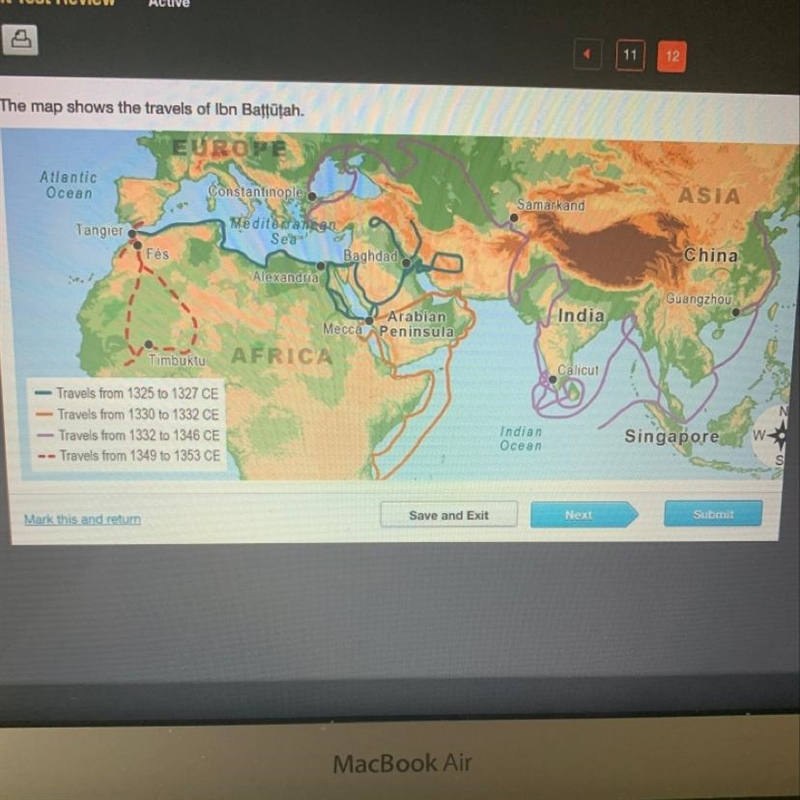 What does the map show about Ibn Battutah's travels? He traveled mainly in Europe-example-1