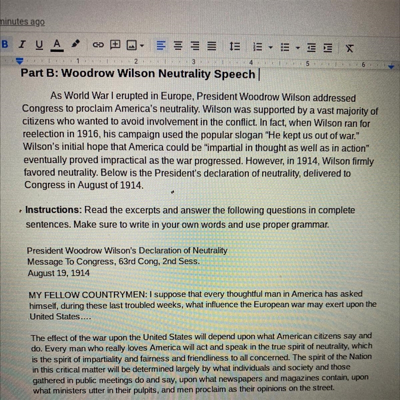 1. What position does Wilson want the United States to take in the war?-example-1