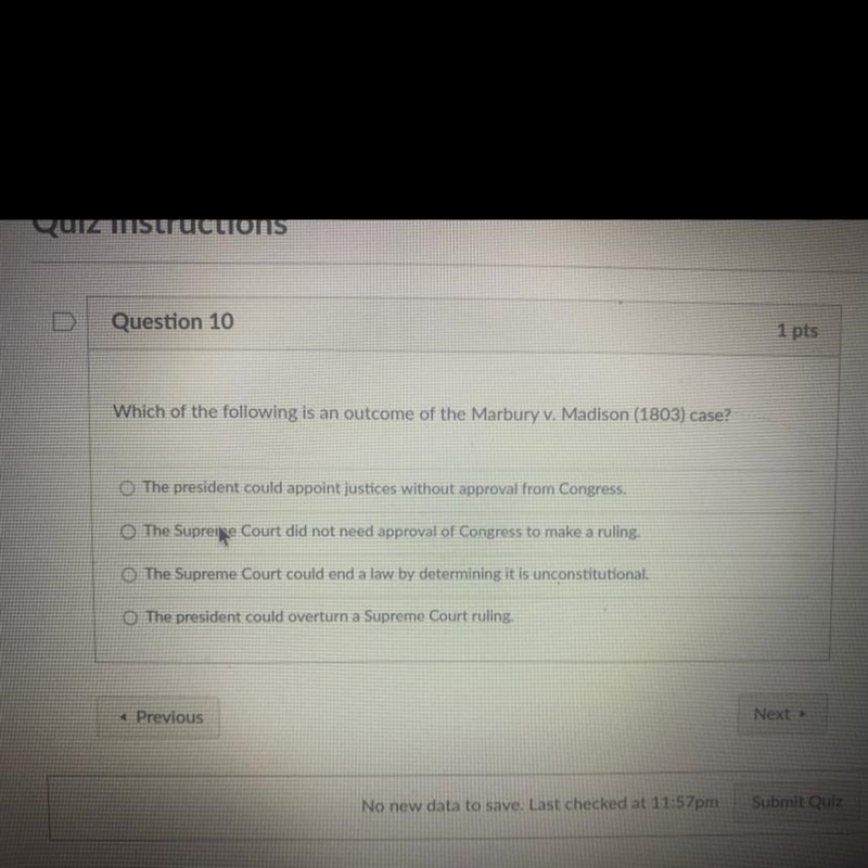 Which of the following is an outcome of the Marbury v. Madison (1803) case? A. The-example-1