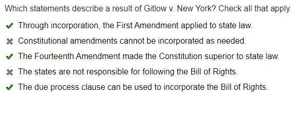 Which statements describe a result of Gitlow v. New York? Check all that apply.-example-1