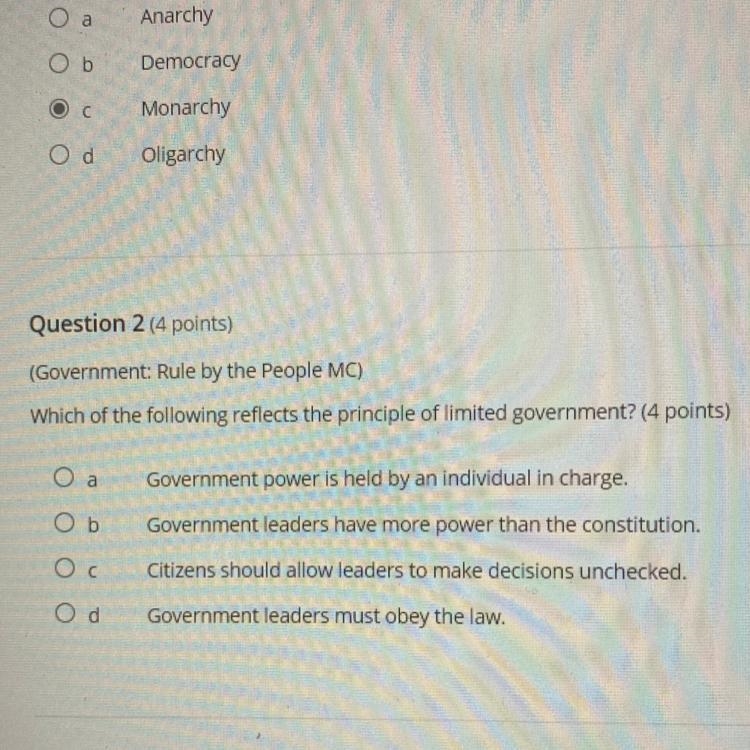 Question 2 (4 points) (Government: Rule by the People MC) Which of the following reflects-example-1