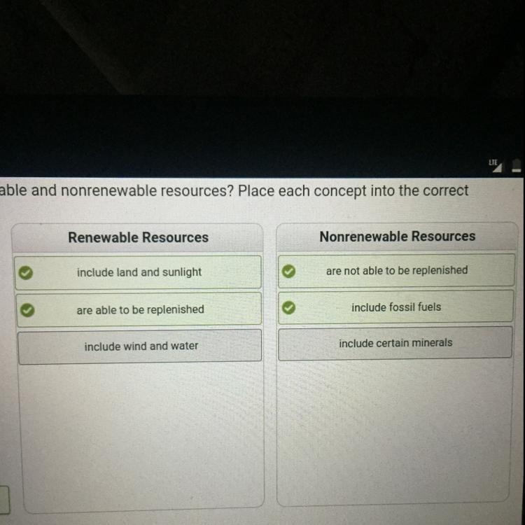 What is the difference between renewable and nonrenewable resources? Place each concept-example-1