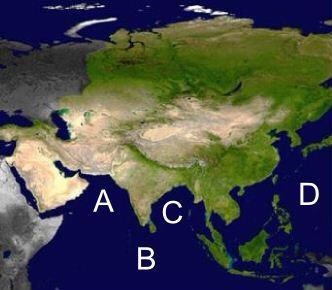 Where is the Arabian Sea located on the map above? A. Letter A B. Letter B C. Letter-example-1