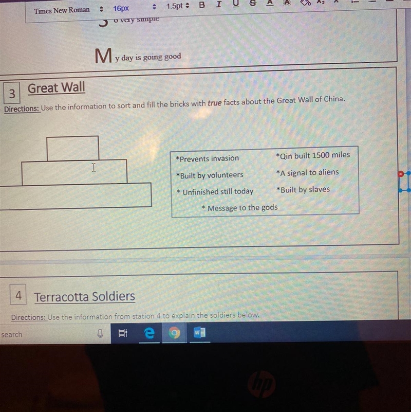 Directions: Use the information to sort and fill the bricks with true facts about-example-1