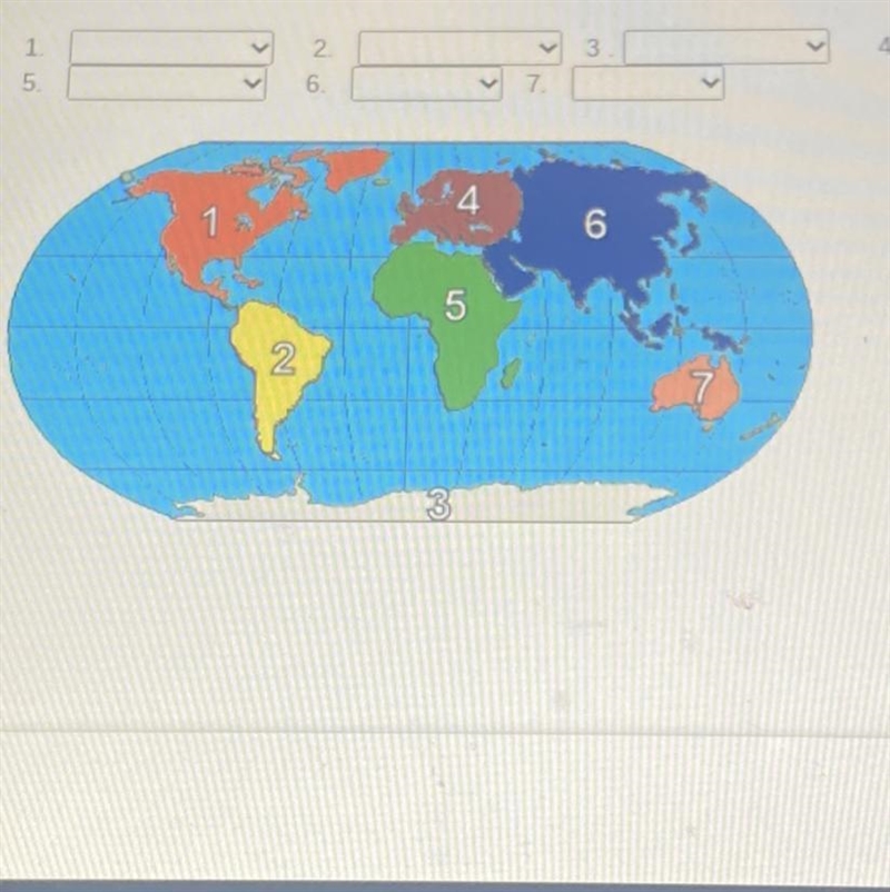 Look at the map below. Select the correct answer in drop boxes to name the continents-example-1